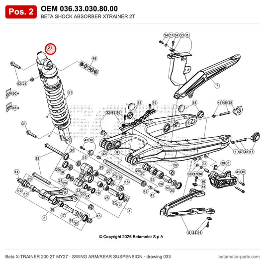 BETA SHOCK ABSORBER XTRAINER 2T – OEM 036.33.030.80.00, position 2 on the Beta X-TRAINER 200 2T MY27 swing arm/rear suspension drawing