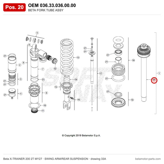 BETA FORK TUBE ASSY – OEM 036.33.036.00.00, position 20 on the Beta X-TRAINER 200 2T MY27 swing arm/rear suspension drawing