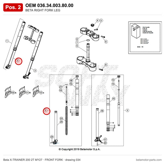 BETA RIGHT FORK LEG XTRAINER 2T – OEM 036.34.003.80.00, position 2 on the Beta X-TRAINER 200 2T MY27 front fork drawing