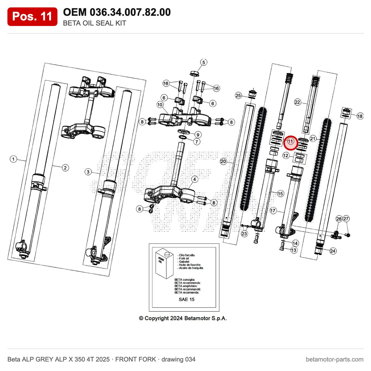 BETA OIL SEAL KIT – OEM 036.34.007.82.00, position 11 on the Beta ALP GREY ALP X 350 4T 2025 front fork drawing
