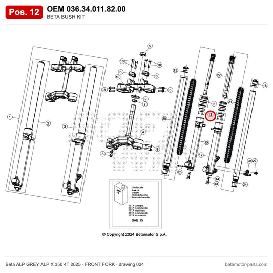 BETA BUSH KIT – OEM 036.34.011.82.00, position 12 on the Beta ALP GREY ALP X 350 4T 2025 front fork drawing