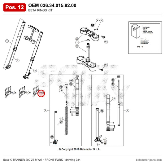 BETA RINGS KIT – OEM 036.34.015.82.00, position 12 on the Beta X-TRAINER 200 2T MY27 front fork drawing