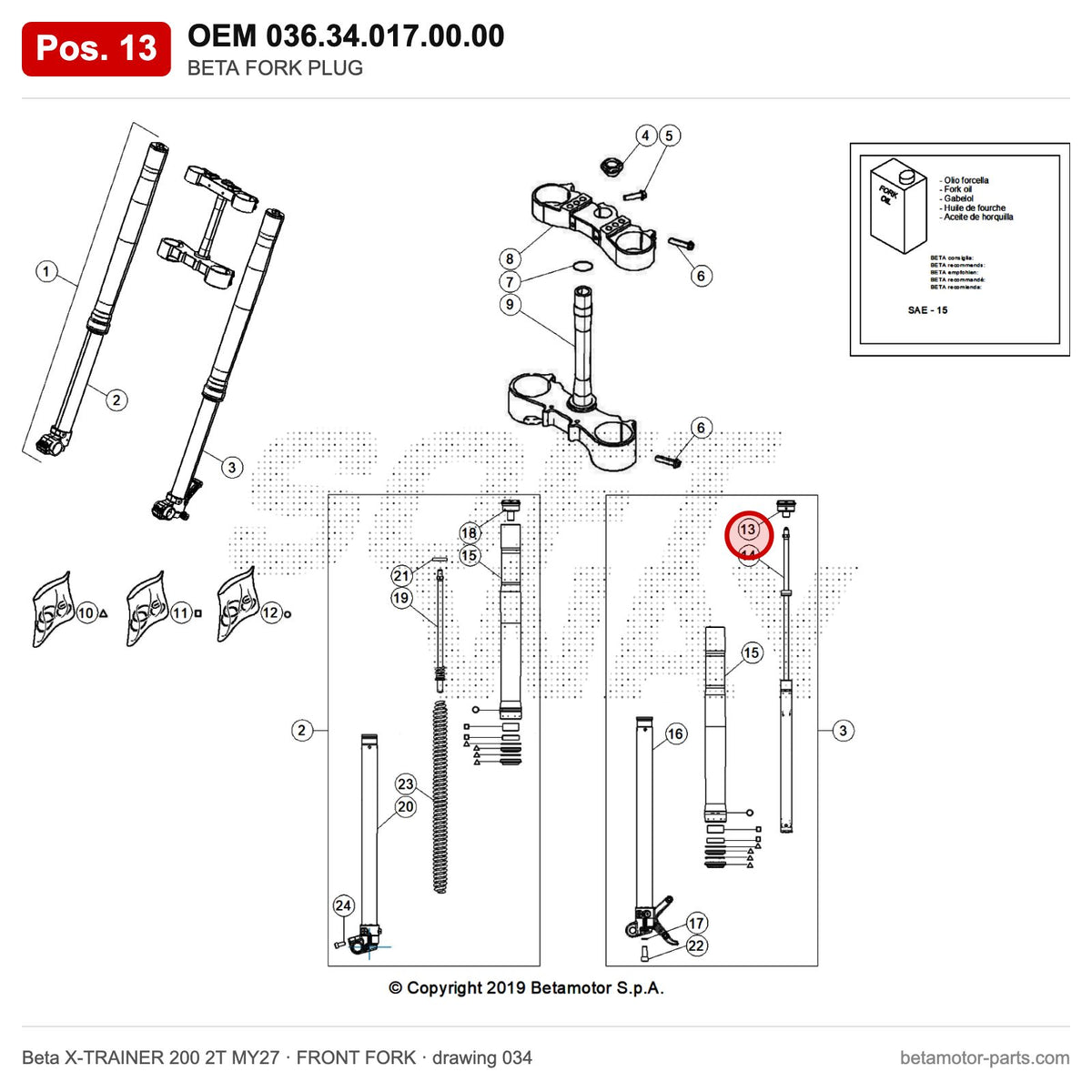BETA FORK PLUG – OEM 036.34.017.00.00, position 13 on the Beta X-TRAINER 200 2T MY27 front fork drawing