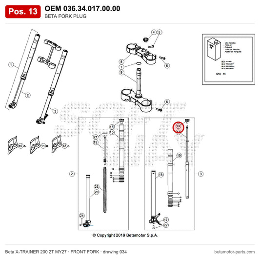 BETA FORK PLUG – OEM 036.34.017.00.00, position 13 on the Beta X-TRAINER 200 2T MY27 front fork drawing