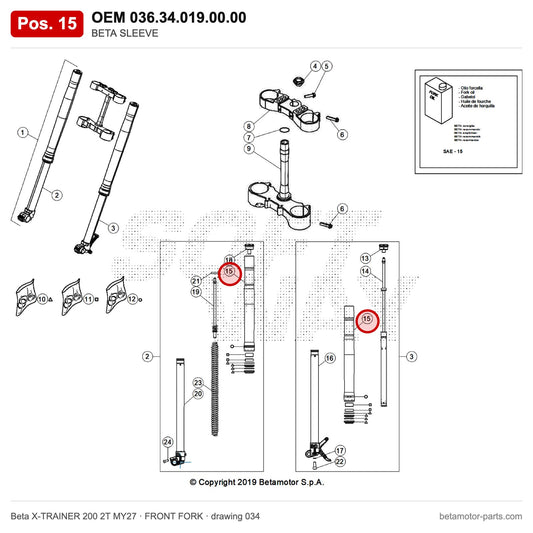 BETA SLEEVE – OEM 036.34.019.00.00, position 15 on the Beta X-TRAINER 200 2T MY27 front fork drawing