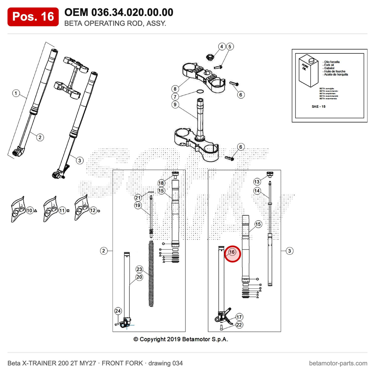 BETA OPERATING ROD, ASSY. – OEM 036.34.020.00.00, position 16 on the Beta X-TRAINER 200 2T MY27 front fork drawing