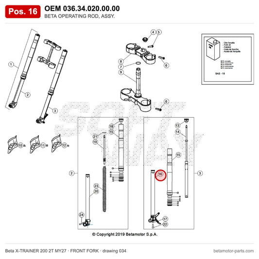 BETA OPERATING ROD, ASSY. – OEM 036.34.020.00.00, position 16 on the Beta X-TRAINER 200 2T MY27 front fork drawing