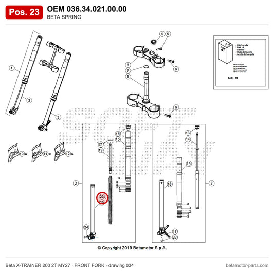 BETA SPRING – OEM 036.34.021.00.00, position 23 on the Beta X-TRAINER 200 2T MY27 front fork drawing