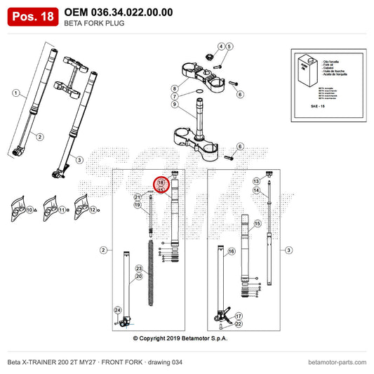 BETA FORK PLUG – OEM 036.34.022.00.00, position 18 on the Beta X-TRAINER 200 2T MY27 front fork drawing