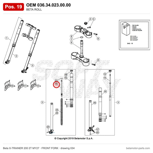 BETA ROLL – OEM 036.34.023.00.00, position 19 on the Beta X-TRAINER 200 2T MY27 front fork drawing