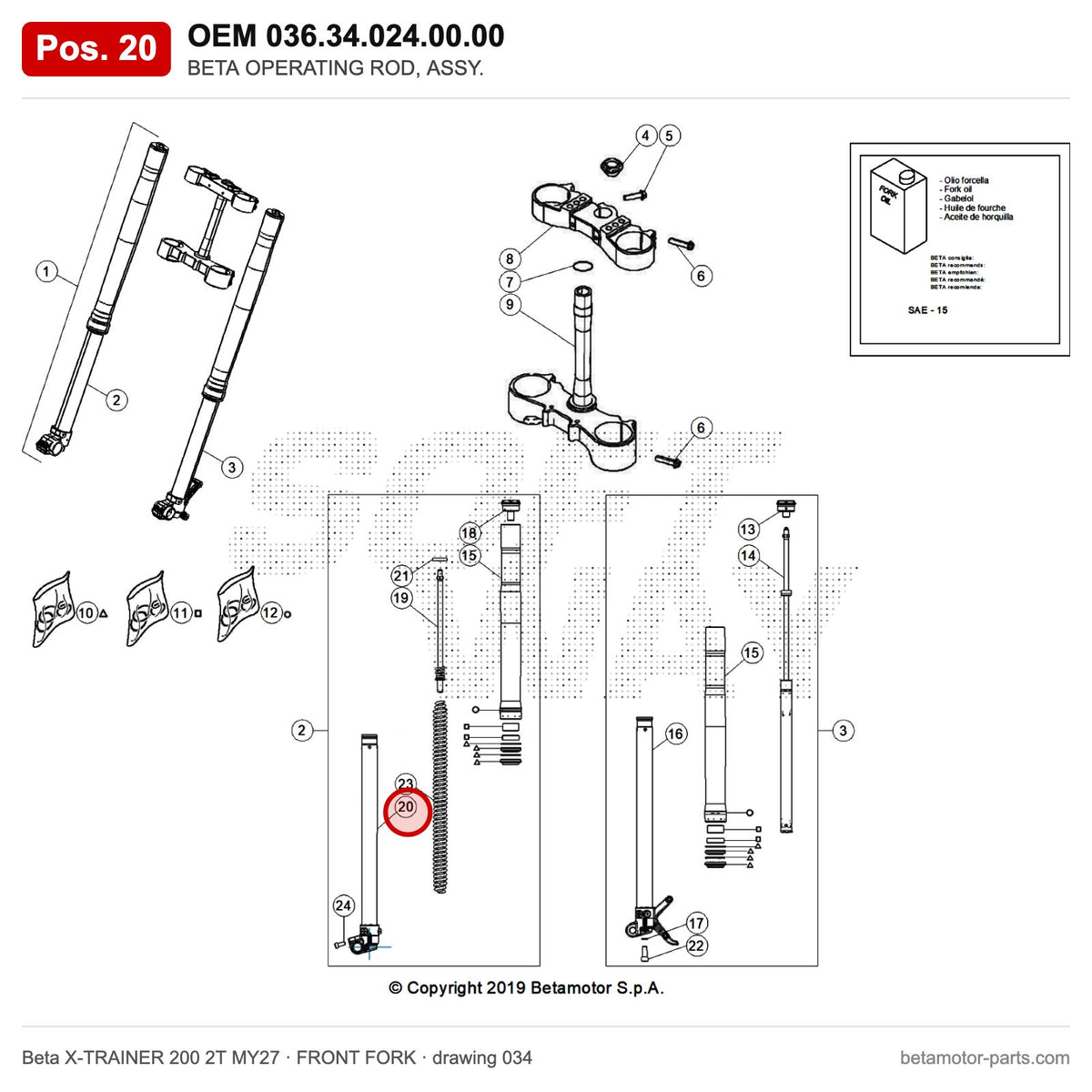 BETA OPERATING ROD, ASSY. – OEM 036.34.024.00.00, position 20 on the Beta X-TRAINER 200 2T MY27 front fork drawing