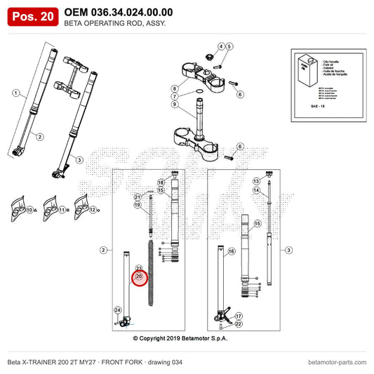 BETA OPERATING ROD, ASSY. – OEM 036.34.024.00.00, position 20 on the Beta X-TRAINER 200 2T MY27 front fork drawing
