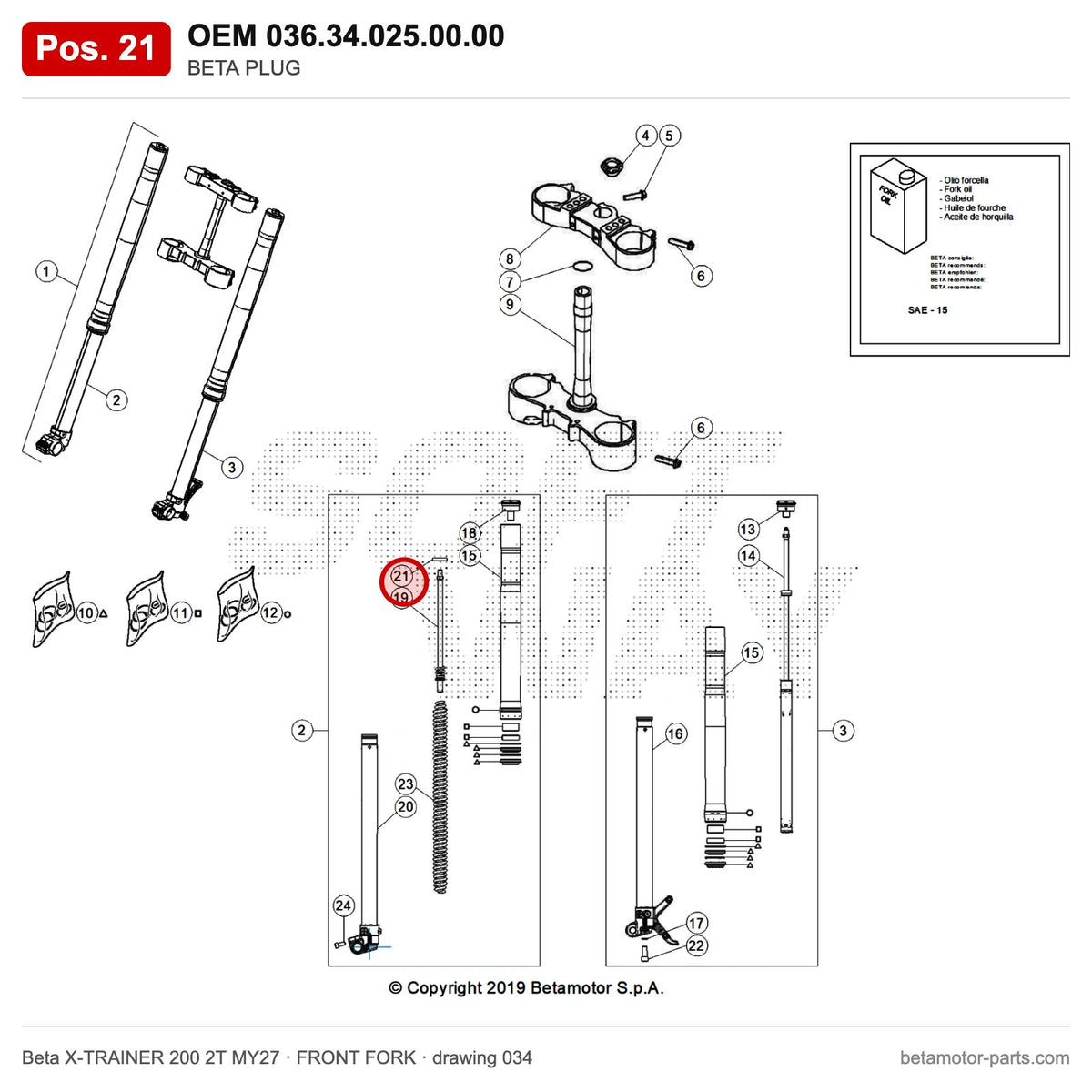 BETA PLUG – OEM 036.34.025.00.00, position 21 on the Beta X-TRAINER 200 2T MY27 front fork drawing