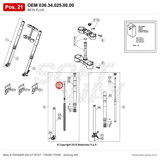 BETA PLUG – OEM 036.34.025.00.00, position 21 on the Beta X-TRAINER 200 2T MY27 front fork drawing