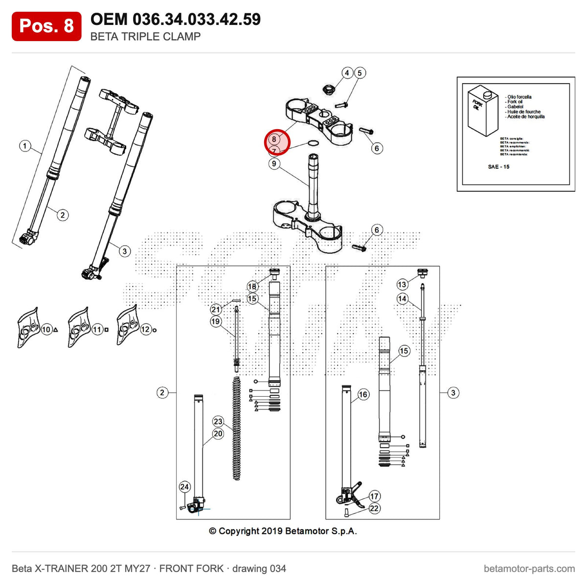 BETA TRIPLE CLAMP – OEM 036.34.033.42.59, position 8 on the Beta X-TRAINER 200 2T MY27 front fork drawing