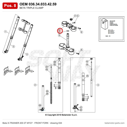 BETA TRIPLE CLAMP – OEM 036.34.033.42.59, position 8 on the Beta X-TRAINER 200 2T MY27 front fork drawing
