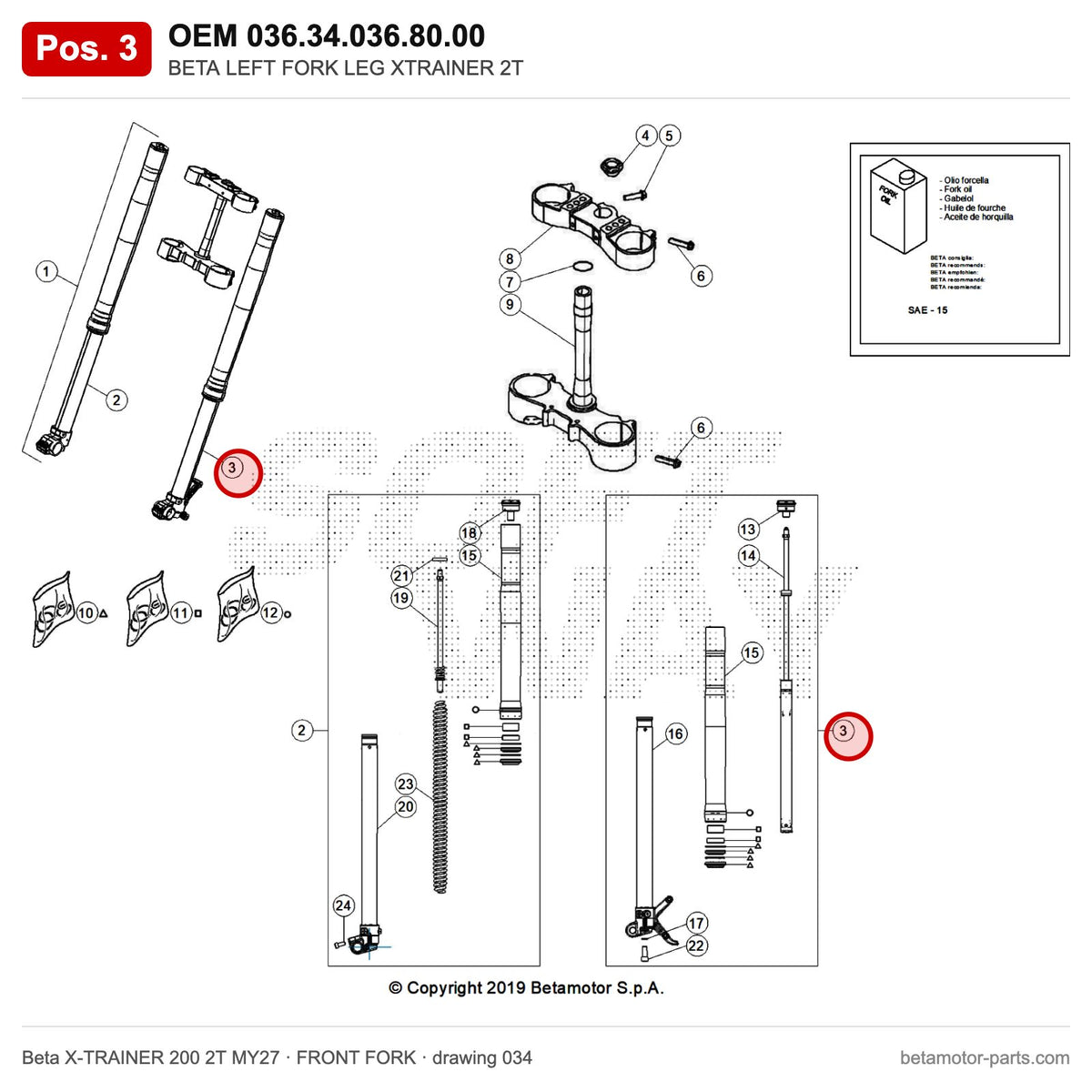 BETA LEFT FORK LEG XTRAINER 2T – OEM 036.34.036.80.00, position 3 on the Beta X-TRAINER 200 2T MY27 front fork drawing