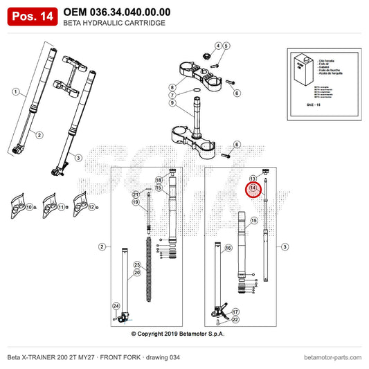 BETA HYDRAULIC CARTRIDGE – OEM 036.34.040.00.00, position 14 on the Beta X-TRAINER 200 2T MY27 front fork drawing