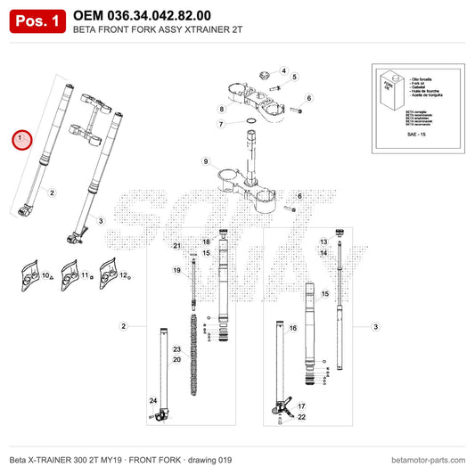 BETA FRONT FORK ASSY XTRAINER 2T – OEM 036.34.042.82.00, position 1 on the Beta X-TRAINER 300 2T MY19 front fork drawing