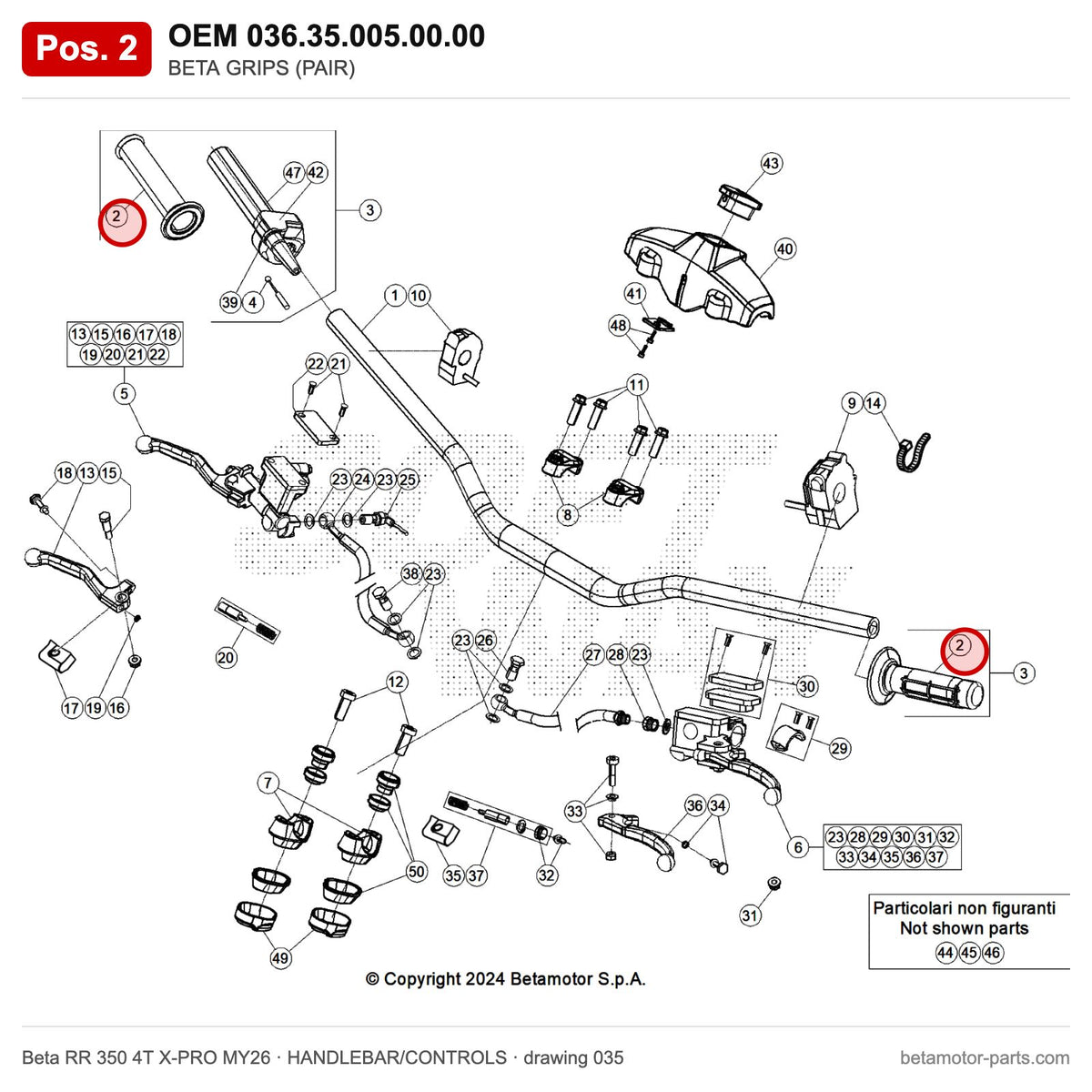 BETA GRIPS (PAIR) – OEM 036.35.005.00.00, position 2 on the Beta RR 350 4T X-PRO MY26 handlebar/controls drawing