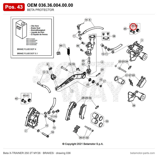 BETA PROTECTOR – OEM 036.36.004.00.00, position 43 on the Beta X-TRAINER 250 2T MY26 brakes drawing