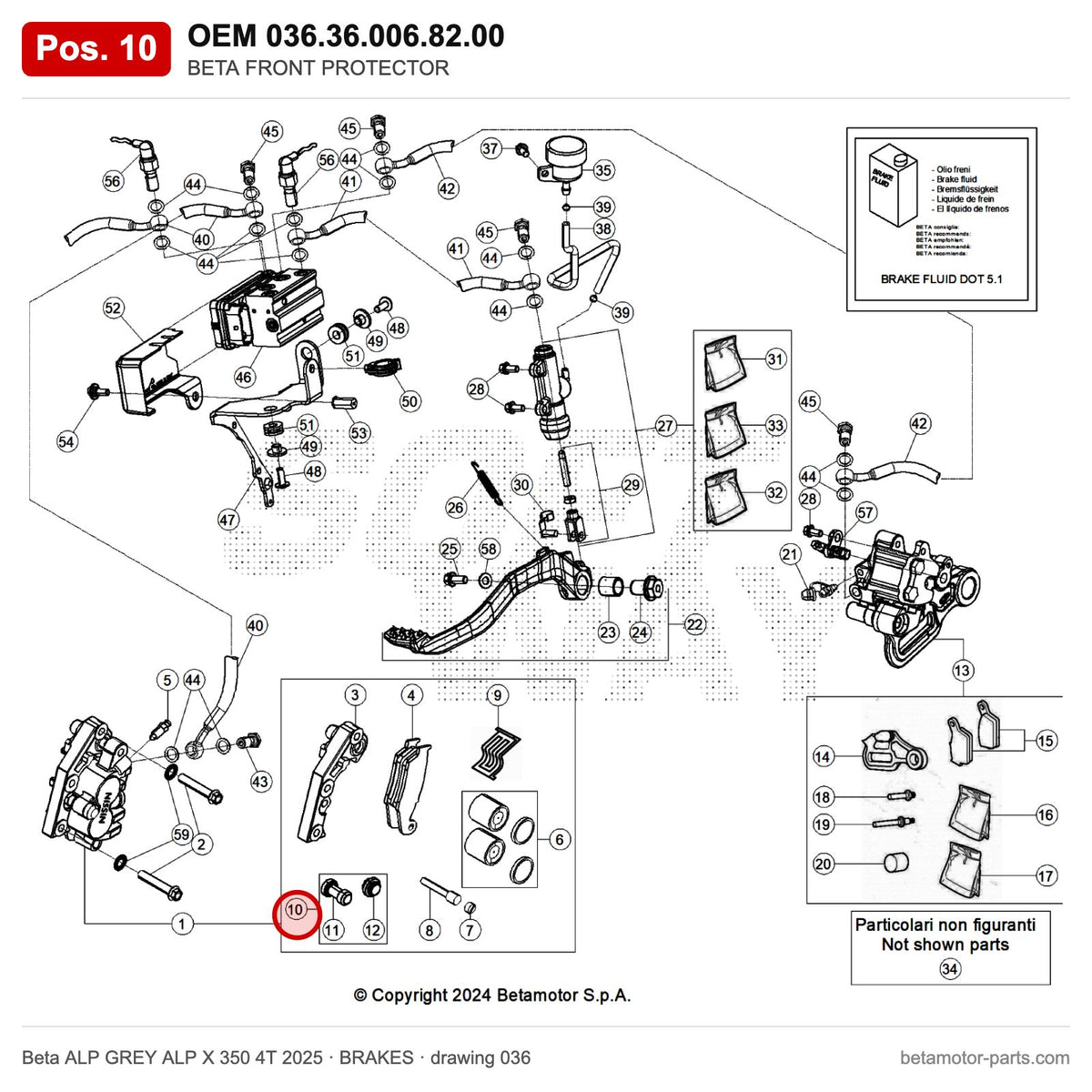 BETA FRONT PROTECTOR – OEM 036.36.006.82.00, position 10 on the Beta ALP GREY ALP X 350 4T 2025 brakes drawing