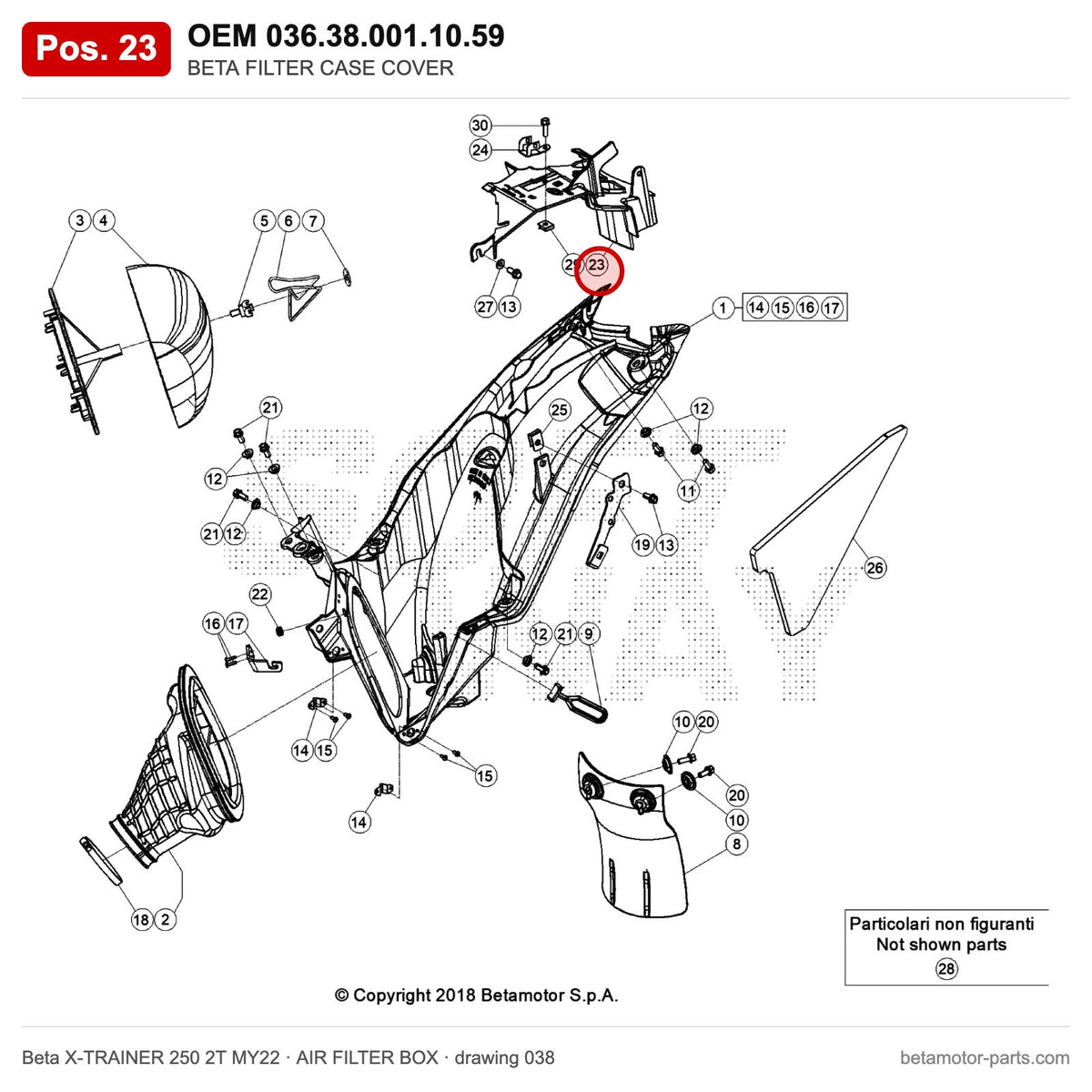BETA FILTER CASE COVER – OEM 036.38.001.10.59, position 23 on the Beta X-TRAINER 250 2T MY22 air filter box drawing
