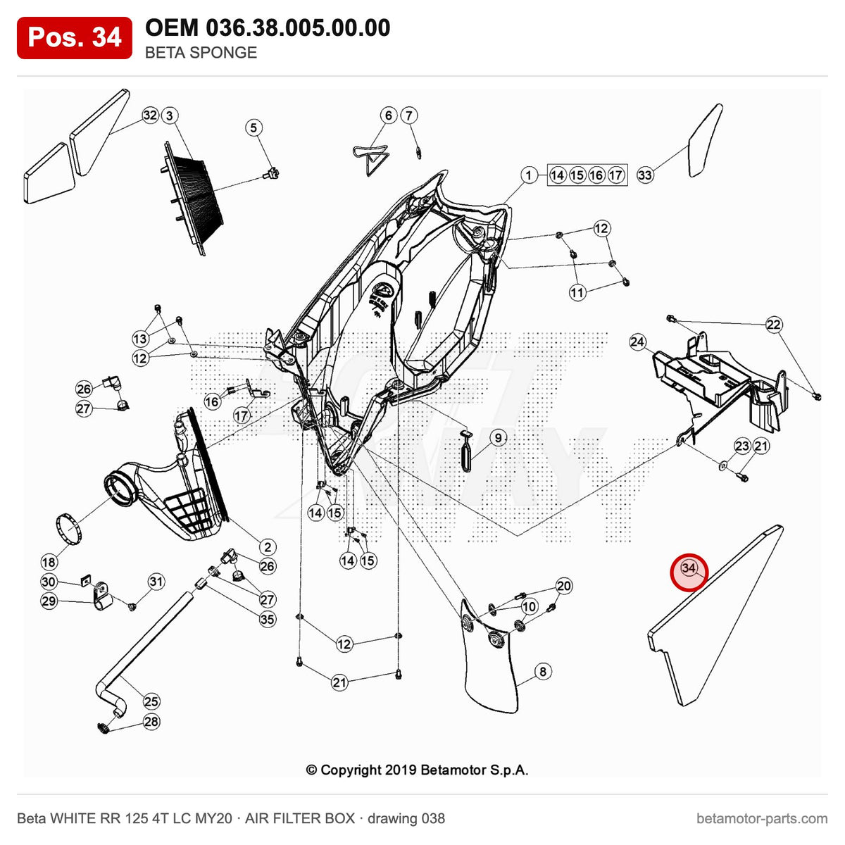 BETA SPONGE – OEM 036.38.005.00.00, position 34 on the Beta WHITE RR 125 4T LC MY20 air filter box drawing