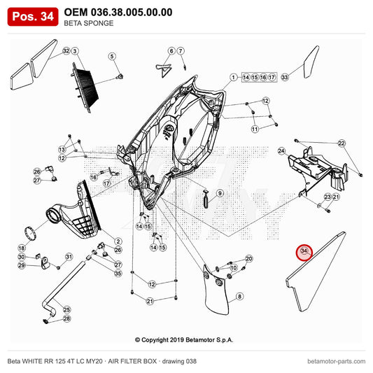 BETA SPONGE – OEM 036.38.005.00.00, position 34 on the Beta WHITE RR 125 4T LC MY20 air filter box drawing
