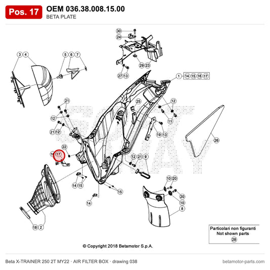 BETA PLATE – OEM 036.38.008.15.00, position 17 on the Beta X-TRAINER 250 2T MY22 air filter box drawing
