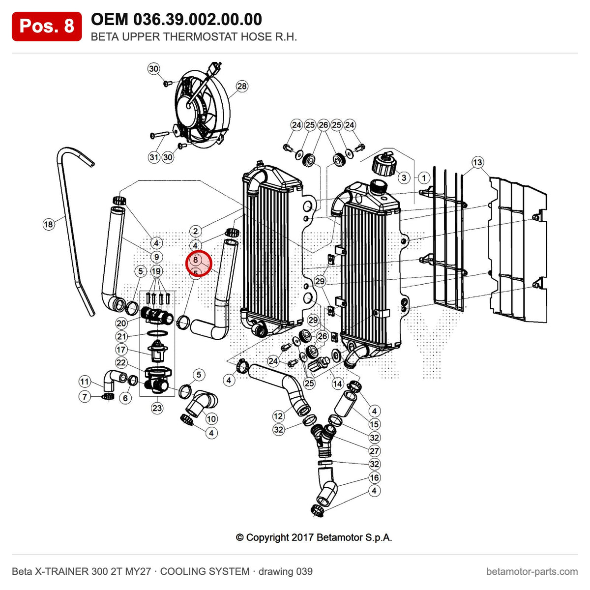 BETA UPPER THERMOSTAT HOSE R.H. – OEM 036.39.002.00.00, position 8 on the Beta X-TRAINER 300 2T MY27 cooling system drawing