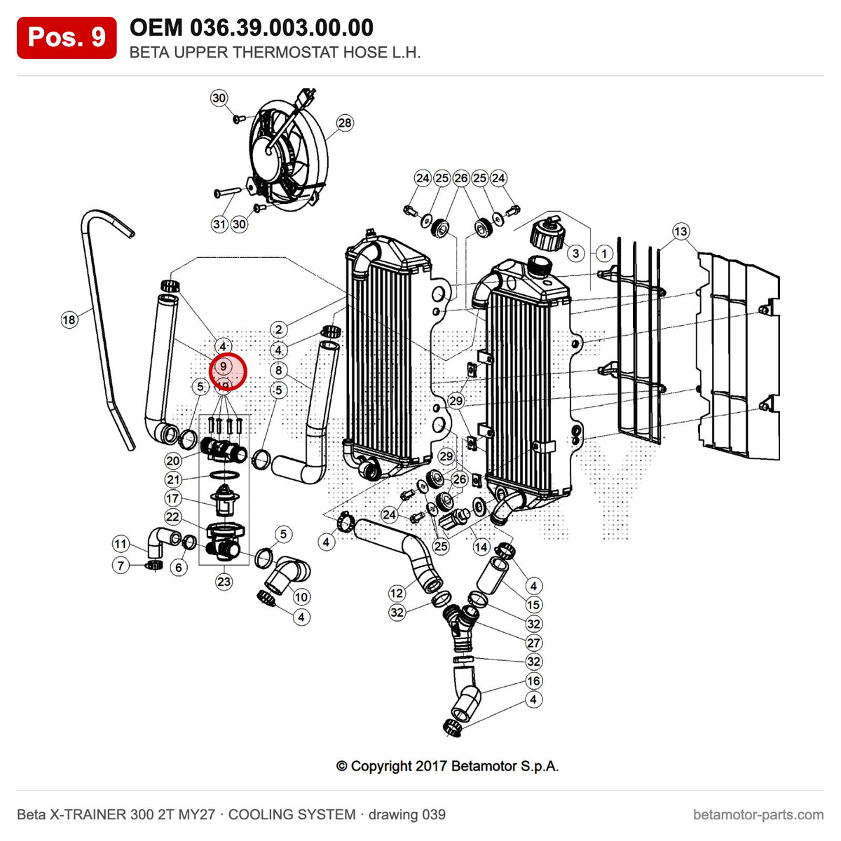 BETA UPPER THERMOSTAT HOSE L.H. – OEM 036.39.003.00.00, position 9 on the Beta X-TRAINER 300 2T MY27 cooling system drawing