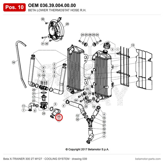 BETA LOWER THERMOSTAT HOSE R.H. – OEM 036.39.004.00.00, position 10 on the Beta X-TRAINER 300 2T MY27 cooling system drawing