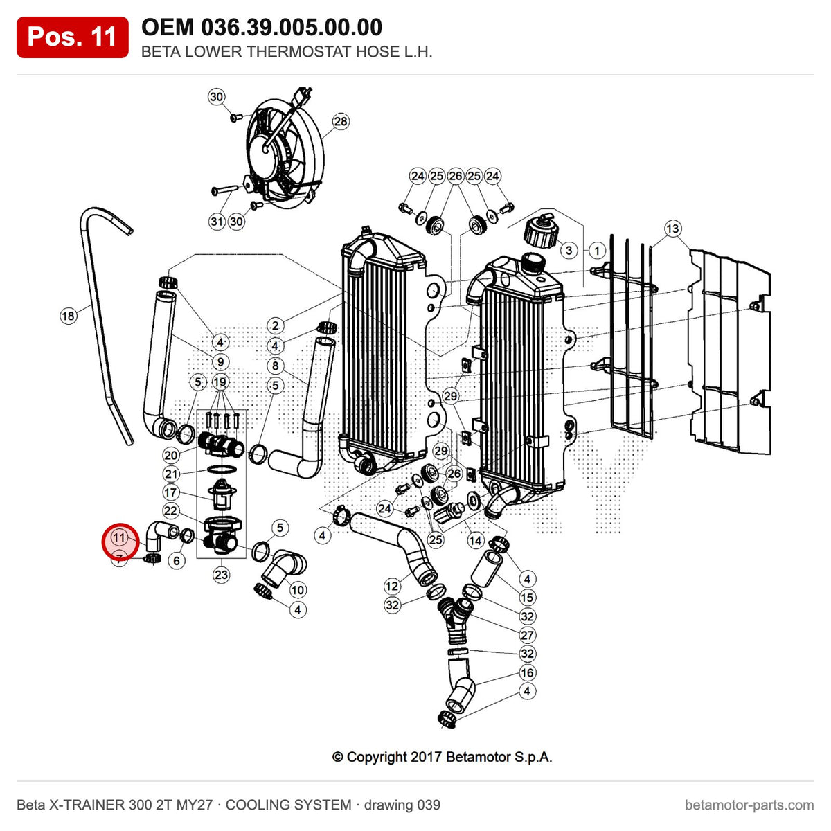 BETA LOWER THERMOSTAT HOSE L.H. – OEM 036.39.005.00.00, position 11 on the Beta X-TRAINER 300 2T MY27 cooling system drawing