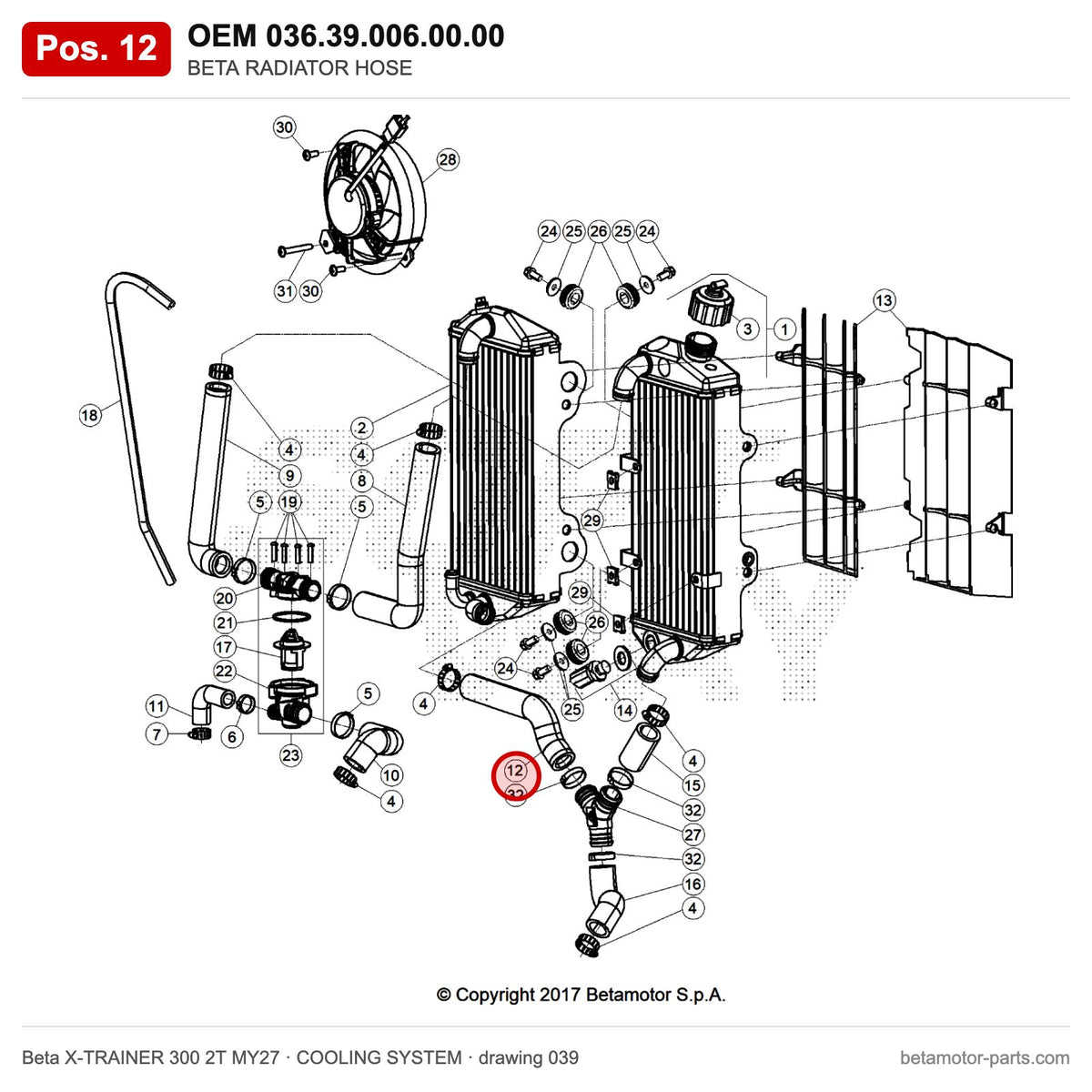 BETA RADIATOR HOSE – OEM 036.39.006.00.00, position 12 on the Beta X-TRAINER 300 2T MY27 cooling system drawing