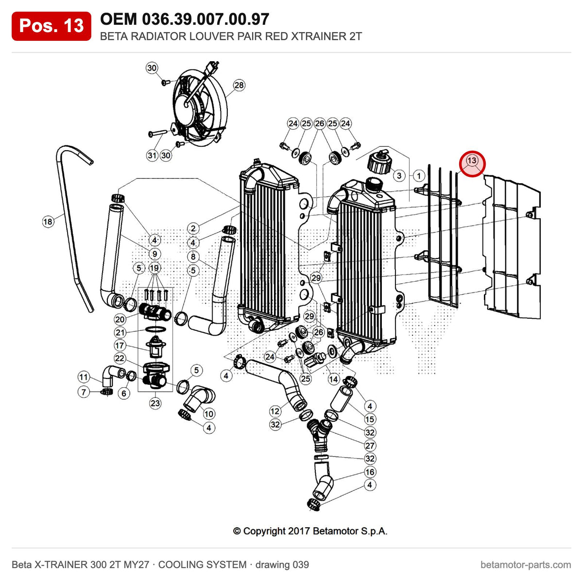 BETA RADIATOR LOUVER PAIR RED XTRAINER 2T – OEM 036.39.007.00.97, position 13 on the Beta X-TRAINER 300 2T MY27 cooling system drawing