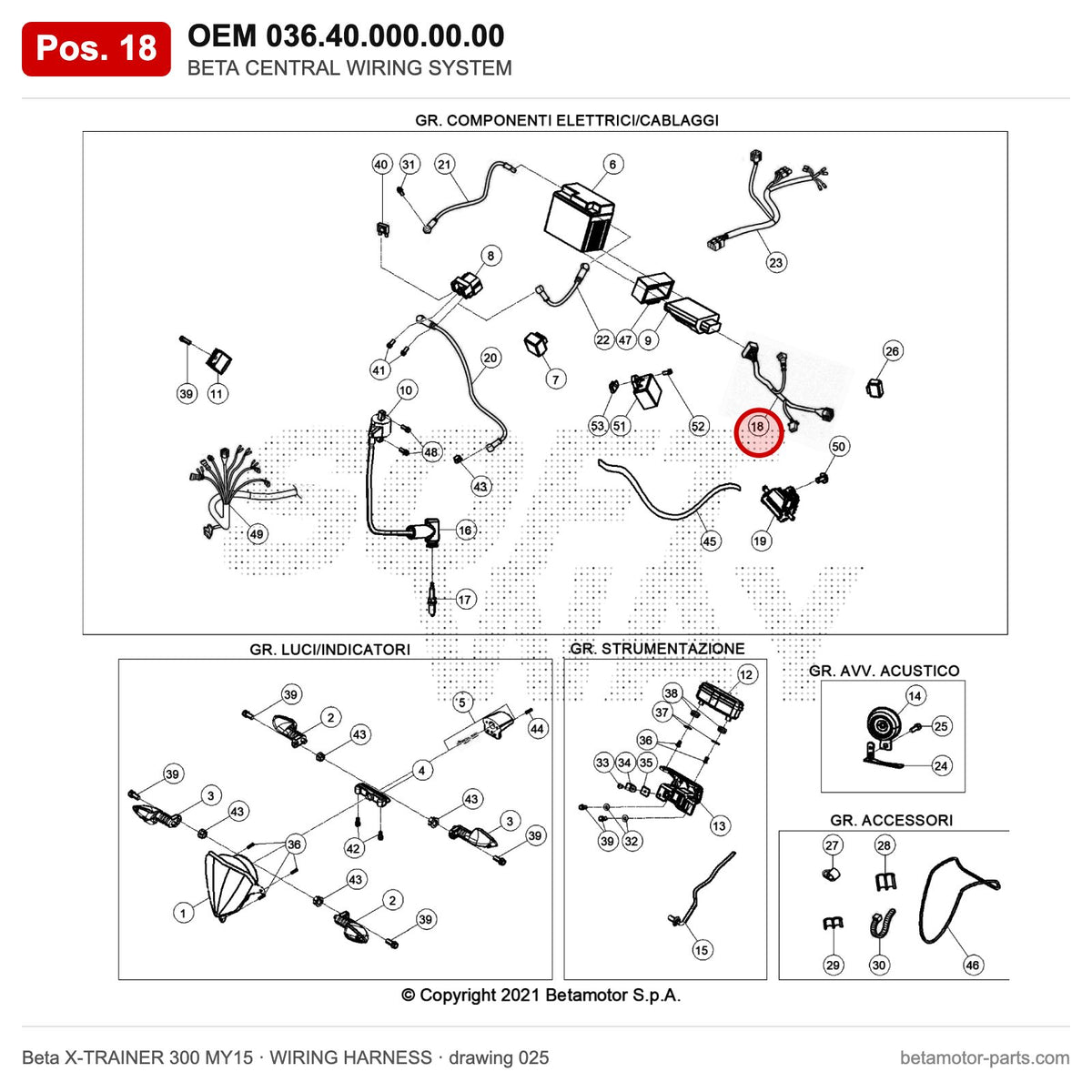 BETA CENTRAL WIRING SYSTEM – OEM 036.40.000.00.00, position 18 on the Beta X-TRAINER 300 MY15 wiring harness drawing