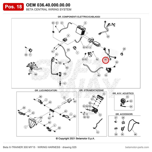 BETA CENTRAL WIRING SYSTEM – OEM 036.40.000.00.00, position 18 on the Beta X-TRAINER 300 MY15 wiring harness drawing