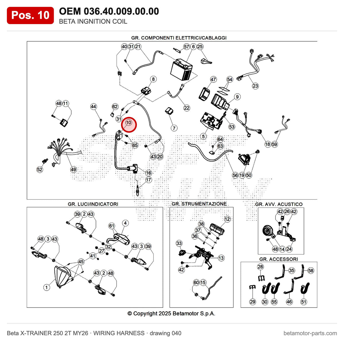 BETA INGNITION COIL – OEM 036.40.009.00.00, position 10 on the Beta X-TRAINER 250 2T MY26 wiring harness drawing