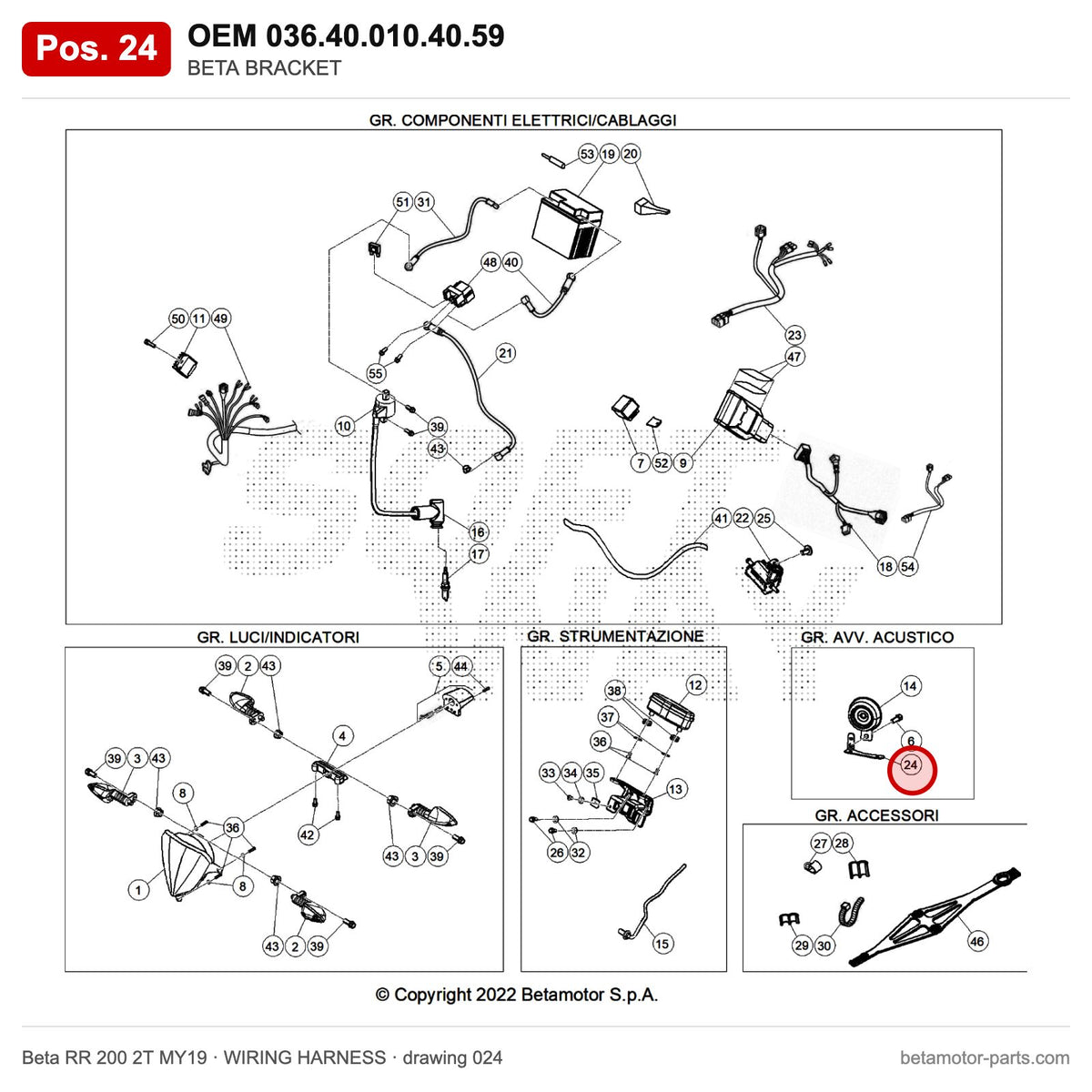 BETA BRACKET – OEM 036.40.010.40.59, position 24 on the Beta RR 200 2T MY19 wiring harness drawing