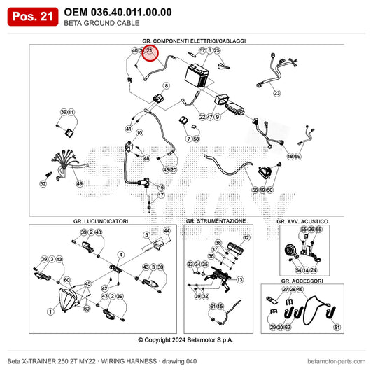 BETA GROUND CABLE – OEM 036.40.011.00.00, position 21 on the Beta X-TRAINER 250 2T MY22 wiring harness drawing