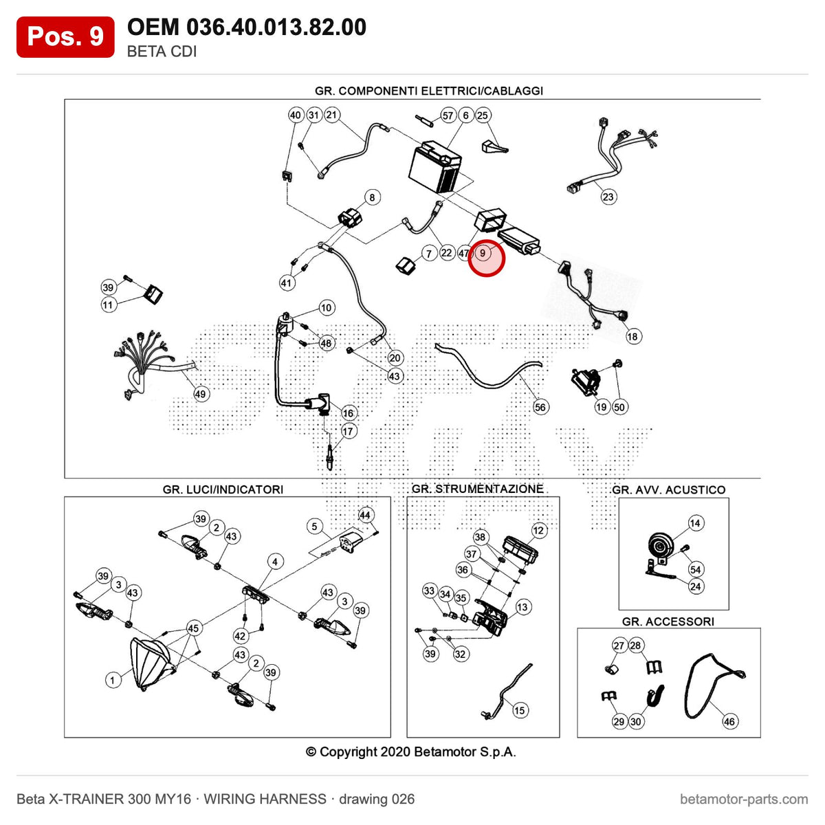 BETA CDI – OEM 036.40.013.82.00, position 9 on the Beta X-TRAINER 300 MY16 wiring harness drawing