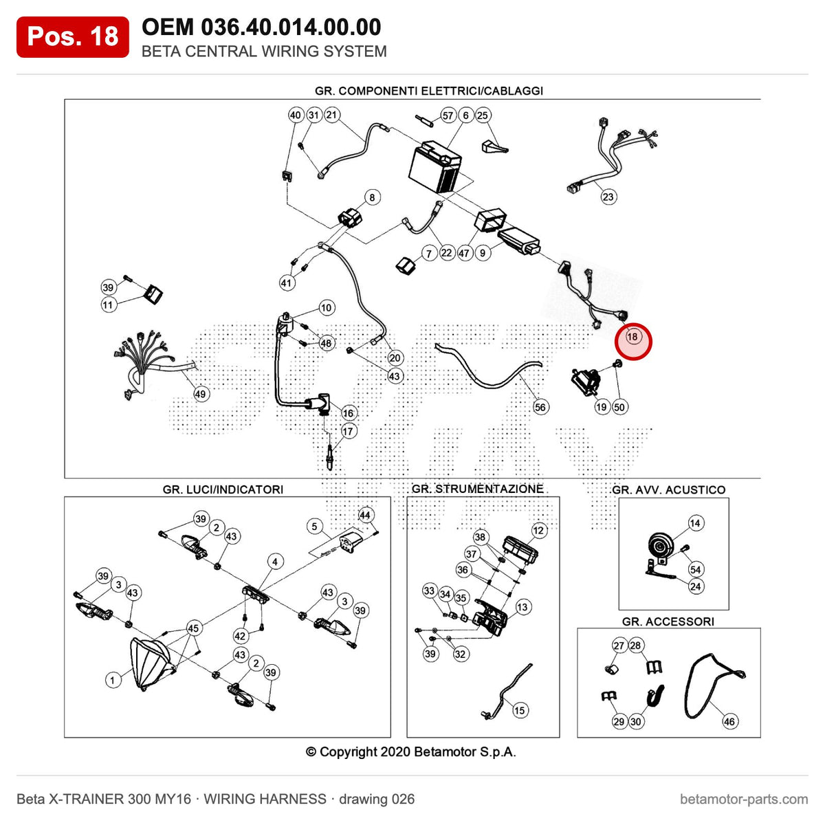 BETA CENTRAL WIRING SYSTEM – OEM 036.40.014.00.00, position 18 on the Beta X-TRAINER 300 MY16 wiring harness drawing