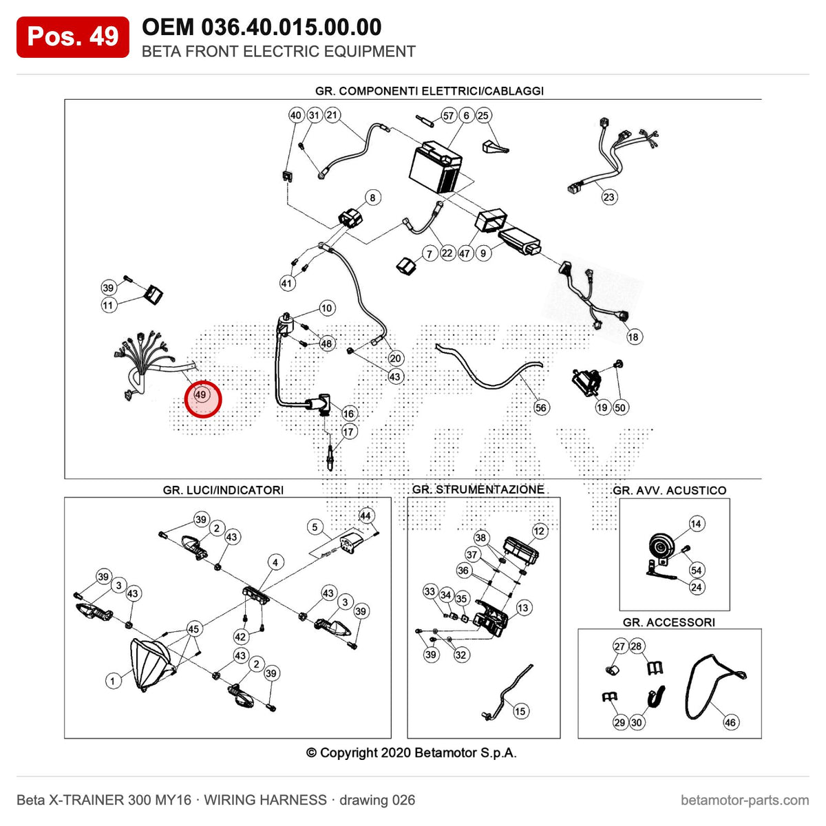 BETA FRONT ELECTRIC EQUIPMENT – OEM 036.40.015.00.00, position 49 on the Beta X-TRAINER 300 MY16 wiring harness drawing