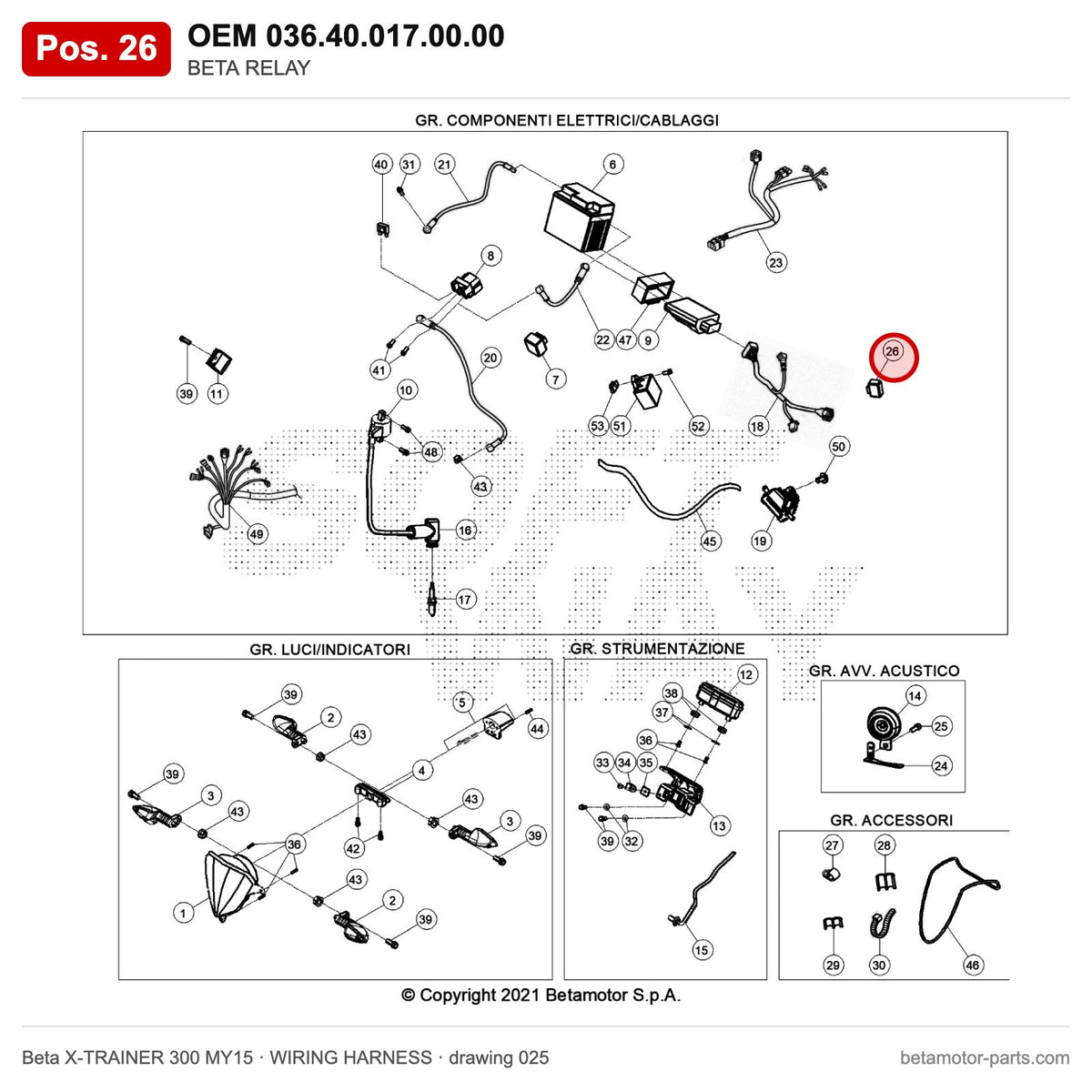 BETA RELAY – OEM 036.40.017.00.00, position 26 on the Beta X-TRAINER 300 MY15 wiring harness drawing