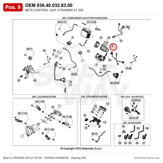 BETA CONTROL UNIT XTRAINER 2T 250 – OEM 036.40.032.83.00, position 9 on the Beta X-TRAINER 250 2T MY26 wiring harness drawing