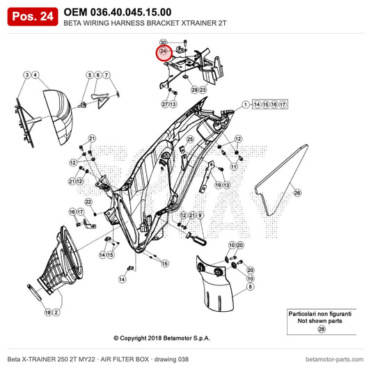 BETA WIRING HARNESS BRACKET XTRAINER 2T – OEM 036.40.045.15.00, position 24 on the Beta X-TRAINER 250 2T MY22 air filter box drawing