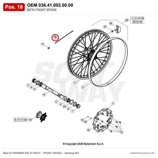 BETA FRONT SPOKE – OEM 036.41.002.00.00, position 18 on the Beta X-TRAINER 200 2T MY27 front wheel drawing
