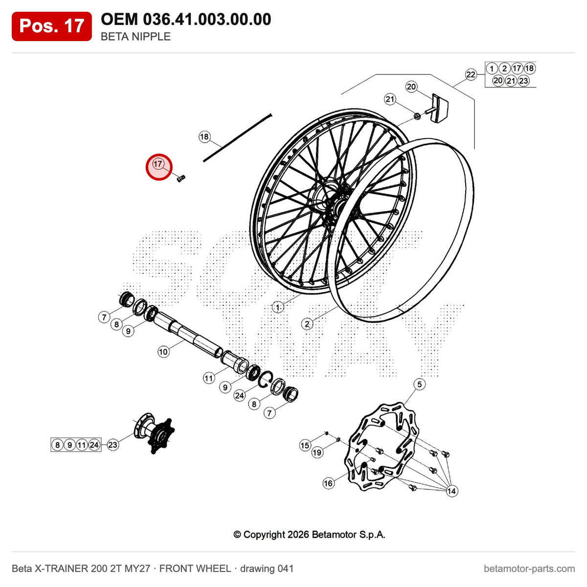 BETA NIPPLE – OEM 036.41.003.00.00, position 17 on the Beta X-TRAINER 200 2T MY27 front wheel drawing