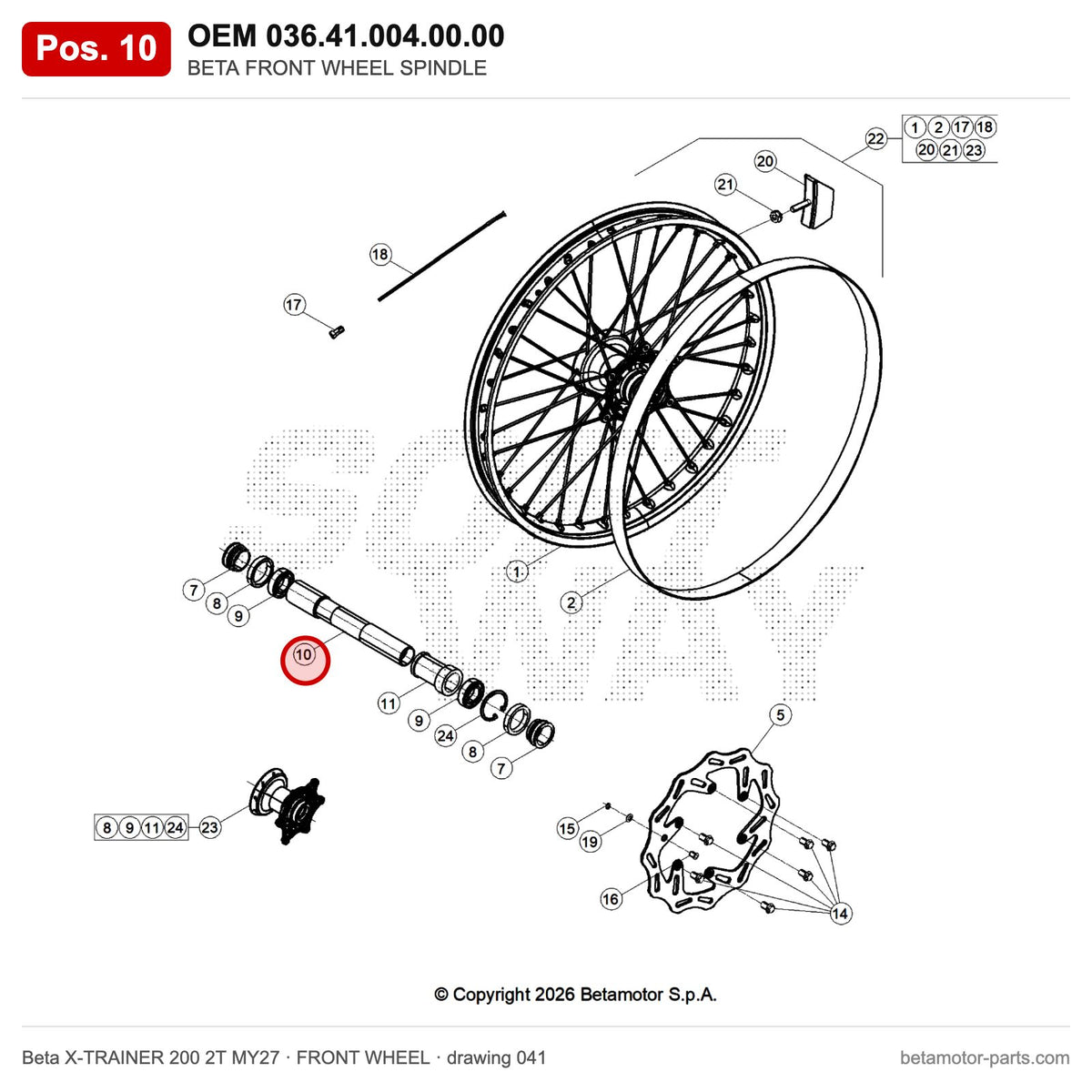 BETA FRONT WHEEL SPINDLE – OEM 036.41.004.00.00, position 10 on the Beta X-TRAINER 200 2T MY27 front wheel drawing